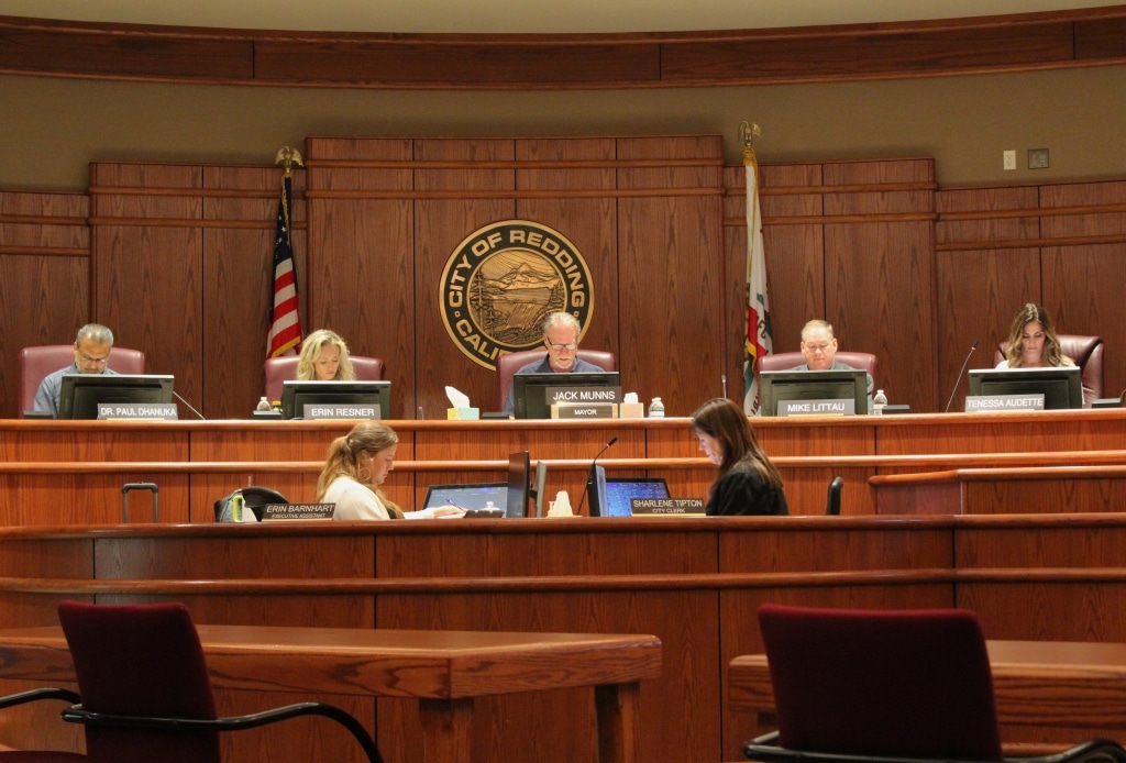 The Redding City Council during a meeting on Aug. 5, 2025.