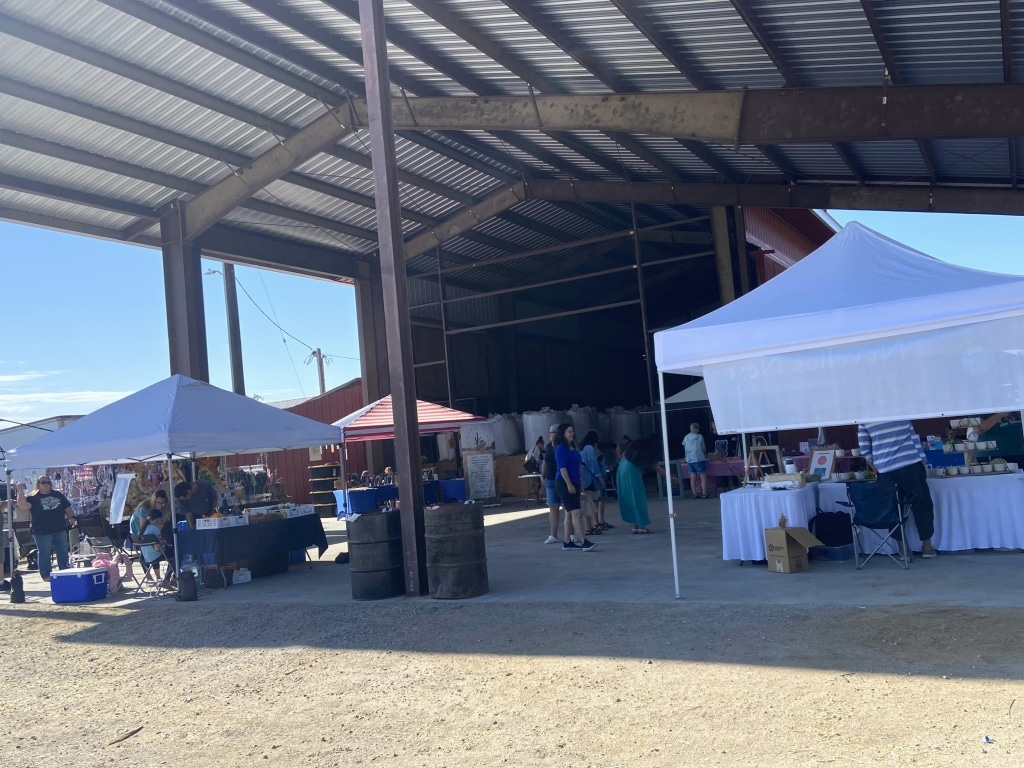 Popup tents are set up under a large metal roof at Hawes Farm for a market. Many people are walking around the area.