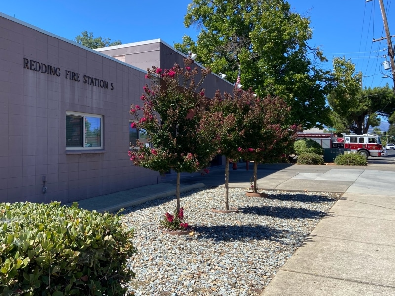 The painted brick Redding Fire Station 5 station, with pink blooming trees in front of it, and a fire truck pulling out in the background.