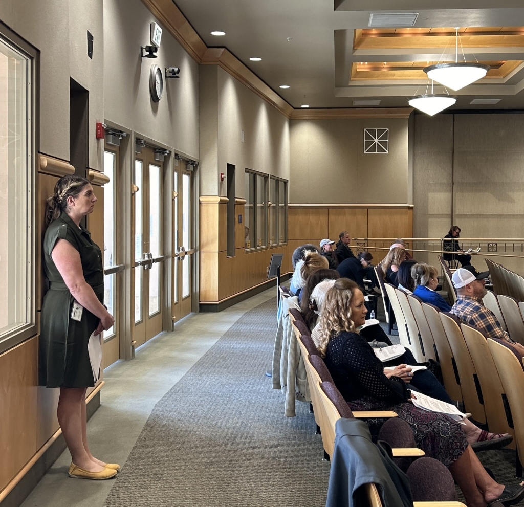 Former Assistant County Clerk and Registrar of Voters Joanna Francescut waits at the back of a boardroom in April 2024.